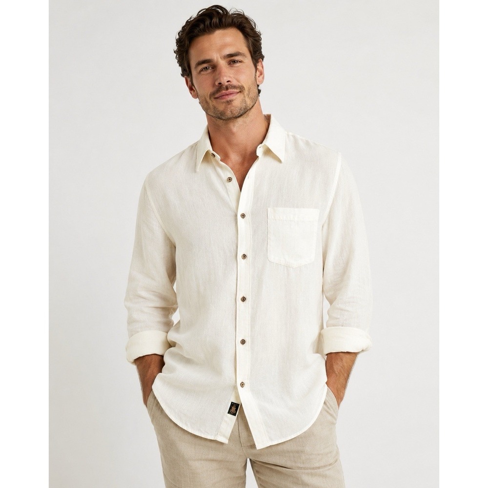 Robert Talbott 100% Linen Button Front Shirt Men's Large Ivory Coastal Luxury